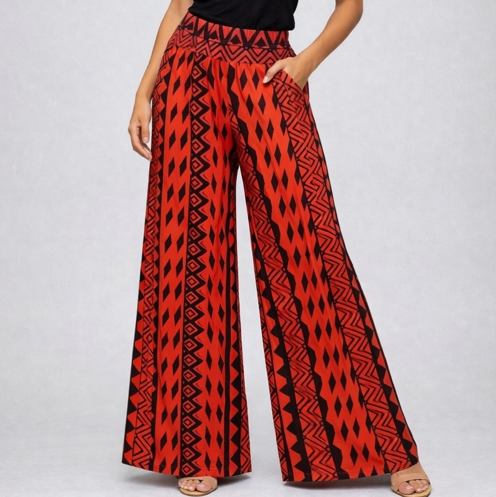 J USA Red Black Geometric Wide Leg Pants Tribal Print Palazzo Pants Medium